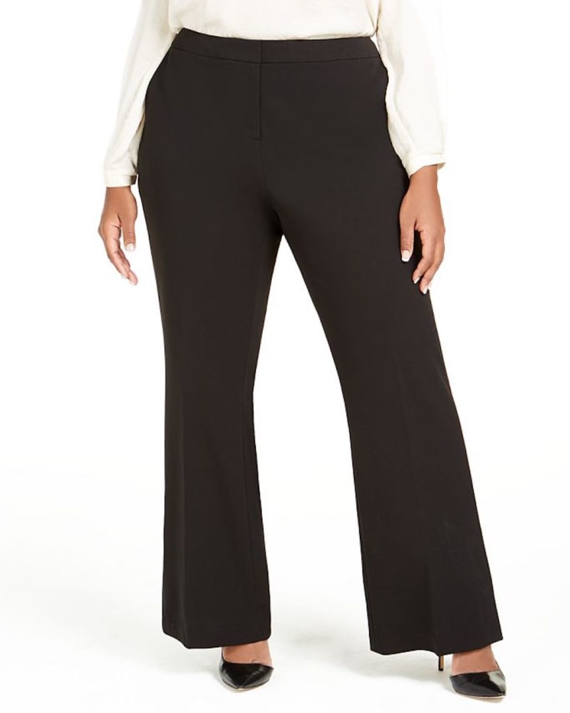 Front of a model wearing a size 24W Calvin Klein Women's Slit Wide Leg Pants Black 24W in Black by Calvin Klein. | dia_product_style_image_id:307287